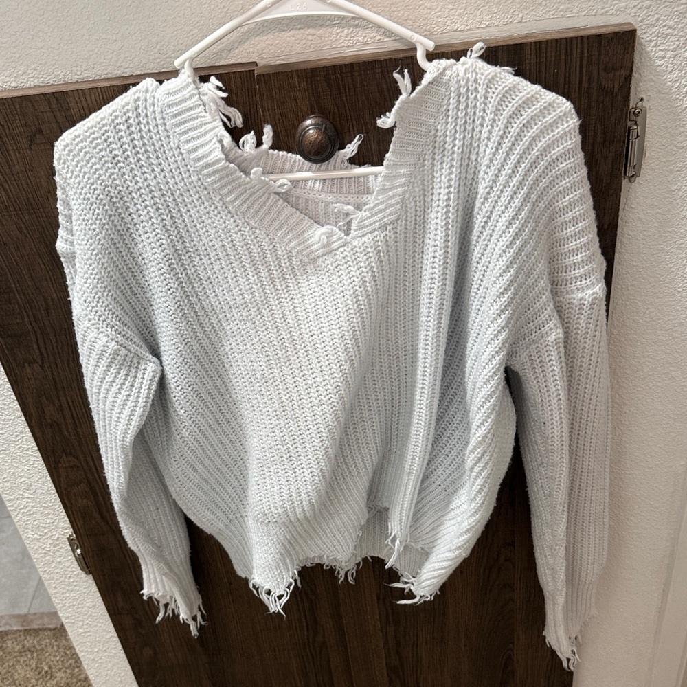 Distressed Knit Sweater - White